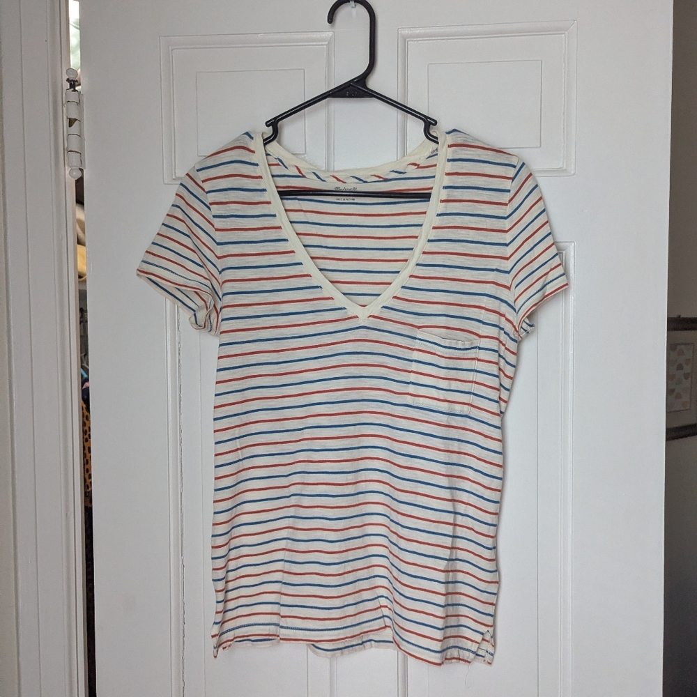 Madewell Red, White, and Blue Striped V-Neck T-Shirt